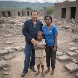 A man, a woman and a child standing amidst the ruins of a battle-scarred village, demonstrating resilience and hope amidst devastation.