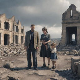 A man, woman, and child appearing sorrowful, standing amid the ruins of a village devastated by war, rendered in an AI-generated art style.