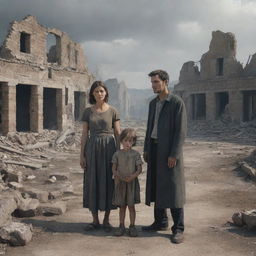 A man, woman, and child appearing sorrowful, standing amid the ruins of a village devastated by war, rendered in an AI-generated art style.