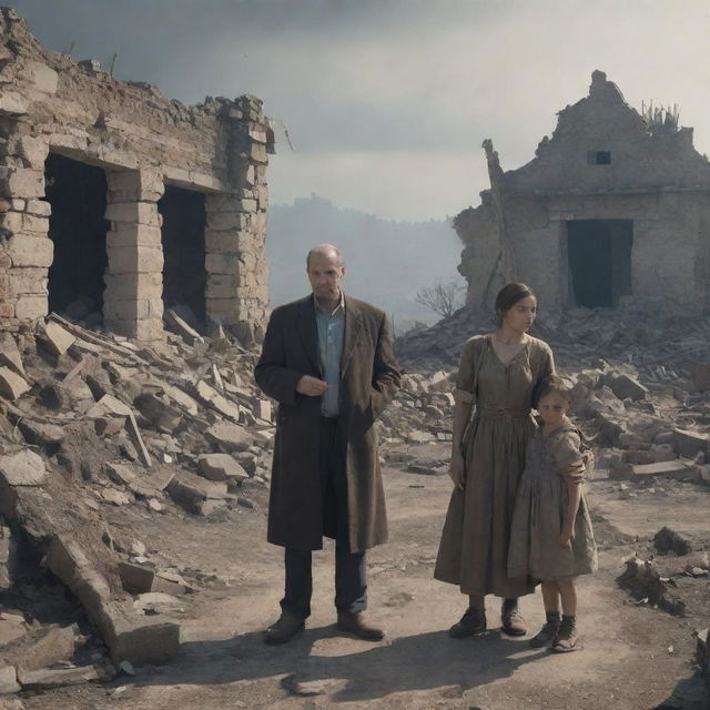 A man, woman, and child appearing sorrowful, standing amid the ruins of a village devastated by war, rendered in an AI-generated art style.