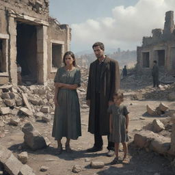 A man, woman, and child appearing sorrowful, standing amid the ruins of a village devastated by war, rendered in an AI-generated art style.