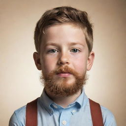 A young boy with a quirky and detailed fake beard drawn in a playful and innocent setting