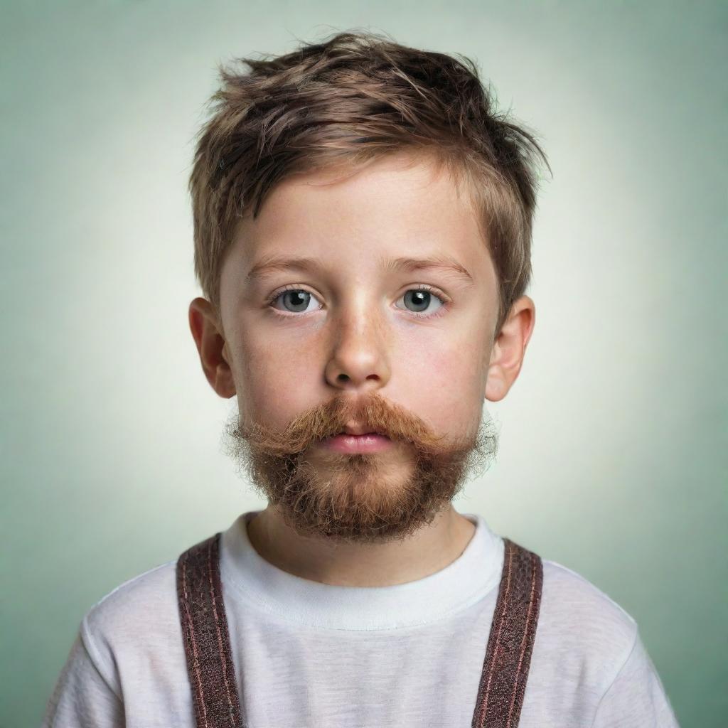 A young boy with a quirky and detailed fake beard drawn in a playful and innocent setting