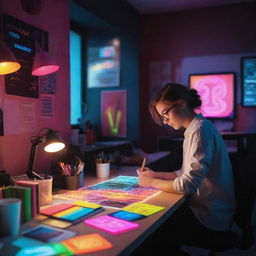 A talented graphic designer engrossed in work within a colorful, vibrant design studio. A conspicuous 'Redeemers Graphics' is displayed in neon colors.