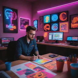 A talented graphic designer engrossed in work within a colorful, vibrant design studio. A conspicuous 'Redeemers Graphics' is displayed in neon colors.