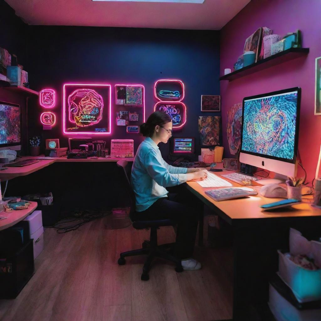 A talented graphic designer engrossed in work within a colorful, vibrant design studio. A conspicuous 'Redeemers Graphics' is displayed in neon colors.