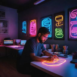 A talented graphic designer engrossed in work within a colorful, vibrant design studio. A conspicuous 'Redeemers Graphics' is displayed in neon colors.