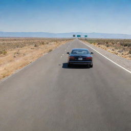 A sleek car, gliding on a smooth highway with the backdrop of clear skies. Warning sign stating 'Drive, Don't Fly' is visible at the side of the road.