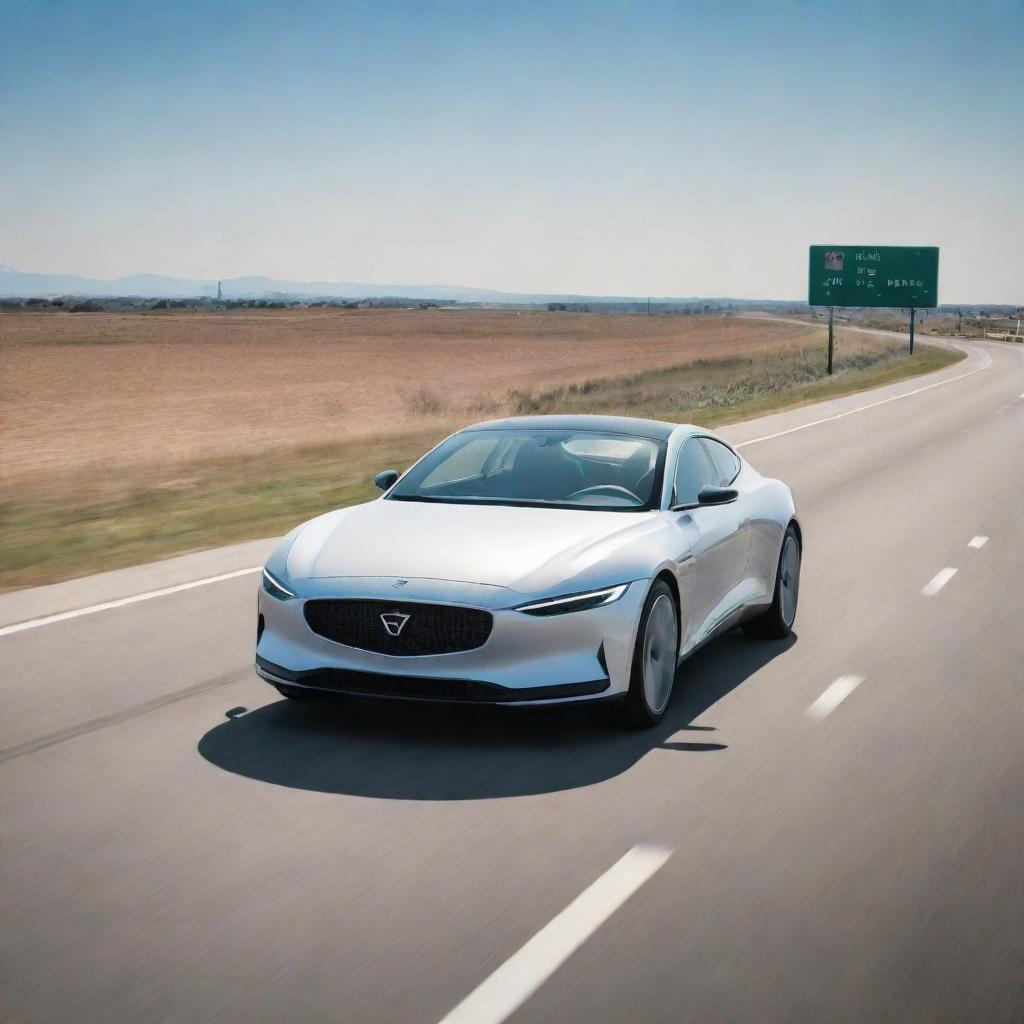 A sleek car, gliding on a smooth highway with the backdrop of clear skies. Warning sign stating 'Drive, Don't Fly' is visible at the side of the road.