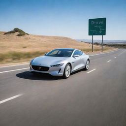 A sleek car, gliding on a smooth highway with the backdrop of clear skies. Warning sign stating 'Drive, Don't Fly' is visible at the side of the road.