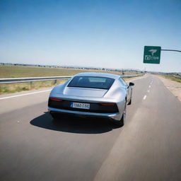 A sleek car, gliding on a smooth highway with the backdrop of clear skies. Warning sign stating 'Drive, Don't Fly' is visible at the side of the road.