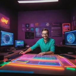 An excited male graphic designer immersed in his creations in a vividly colorful design studio. The name 'Redeemers Graphics' is illuminated in energetic neon colors.