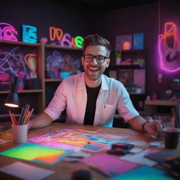 An excited male graphic designer immersed in his creations in a vividly colorful design studio. The name 'Redeemers Graphics' is illuminated in energetic neon colors.