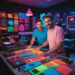 An excited male graphic designer immersed in his creations in a vividly colorful design studio. The name 'Redeemers Graphics' is illuminated in energetic neon colors.