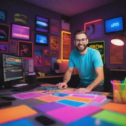 An excited male graphic designer immersed in his creations in a vividly colorful design studio. The name 'Redeemers Graphics' is illuminated in energetic neon colors.