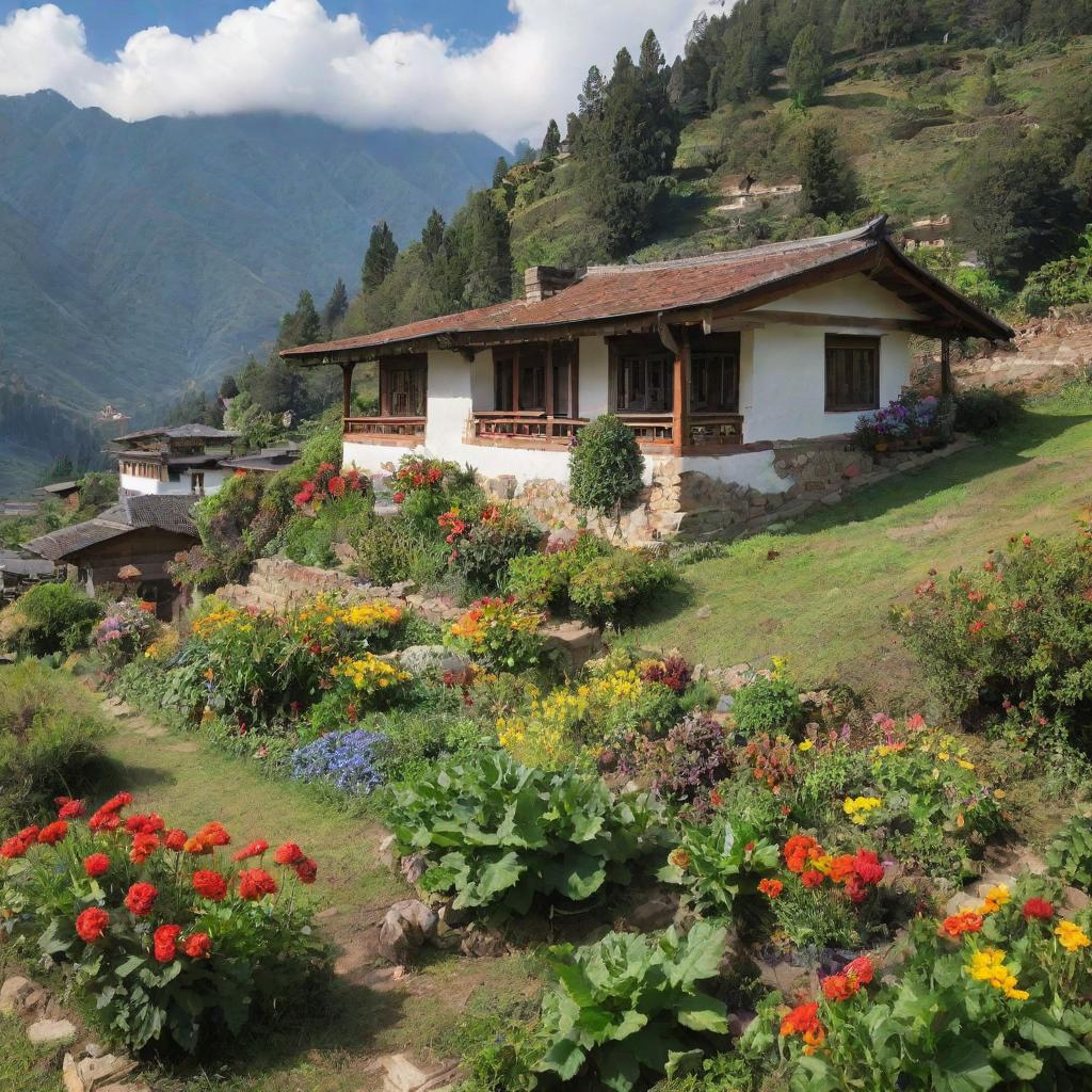 Bhutanese architectural house nestled against a lush countryside with a south-facing orientation. In the foreground, a vibrant garden bursting with fresh vegetables and blooming flowers.