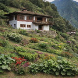 Bhutanese architectural house nestled against a lush countryside with a south-facing orientation. In the foreground, a vibrant garden bursting with fresh vegetables and blooming flowers.