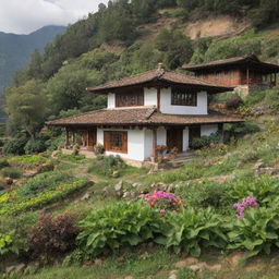 Bhutanese architectural house nestled against a lush countryside with a south-facing orientation. In the foreground, a vibrant garden bursting with fresh vegetables and blooming flowers.