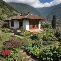 Bhutanese architectural house nestled against a lush countryside with a south-facing orientation. In the foreground, a vibrant garden bursting with fresh vegetables and blooming flowers.