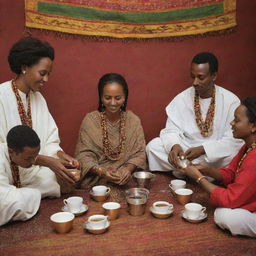 A culturally rich scene of Ethiopians in traditional attire, engaged in a coffee ceremony, with aromatic coffee being poured from a jebena into finjal cups against a backdrop of artful Ethiopian decor.