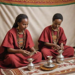 A culturally rich scene of Ethiopians in traditional attire, engaged in a coffee ceremony, with aromatic coffee being poured from a jebena into finjal cups against a backdrop of artful Ethiopian decor.