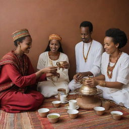 A culturally rich scene of Ethiopians in traditional attire, engaged in a coffee ceremony, with aromatic coffee being poured from a jebena into finjal cups against a backdrop of artful Ethiopian decor.