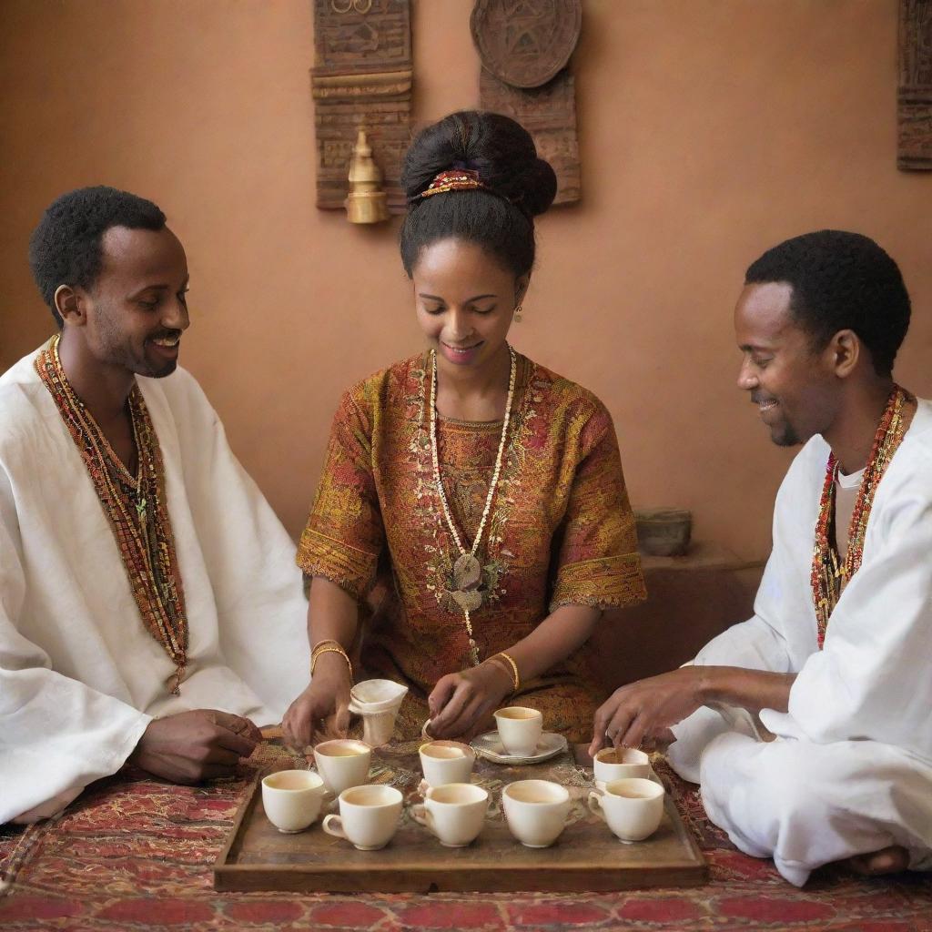 A culturally rich scene of Ethiopians in traditional attire, engaged in a coffee ceremony, with aromatic coffee being poured from a jebena into finjal cups against a backdrop of artful Ethiopian decor.