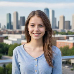 A youthful, teen girl with bright, optimistic eyes, a gleeful smile, and casual attire, standing confidently outside with a lively cityscape in the background.