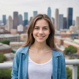 A youthful, teen girl with bright, optimistic eyes, a gleeful smile, and casual attire, standing confidently outside with a lively cityscape in the background.