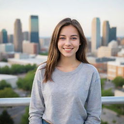 A youthful, teen girl with bright, optimistic eyes, a gleeful smile, and casual attire, standing confidently outside with a lively cityscape in the background.