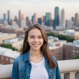 A youthful, teen girl with bright, optimistic eyes, a gleeful smile, and casual attire, standing confidently outside with a lively cityscape in the background.