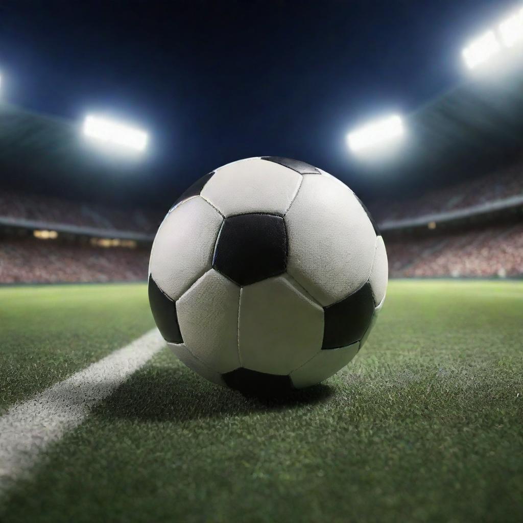 A realistic, detailed image of a football in action on a well maintained grass field under bright stadium lights