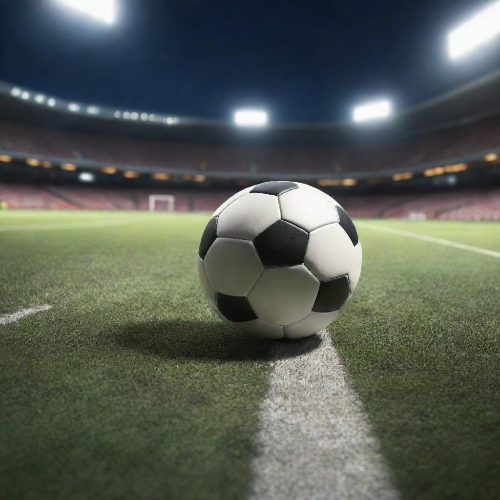 A realistic, detailed image of a football in action on a well maintained grass field under bright stadium lights