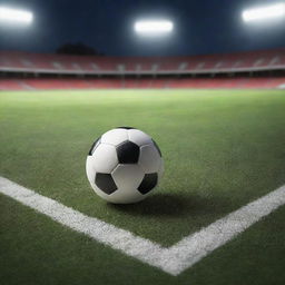 A realistic, detailed image of a football in action on a well maintained grass field under bright stadium lights