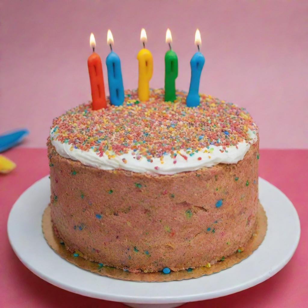 A colourful birthday cake garnished with brightly-coloured sprinkles and icing that reads 'Happy Birthday Ranjan'.