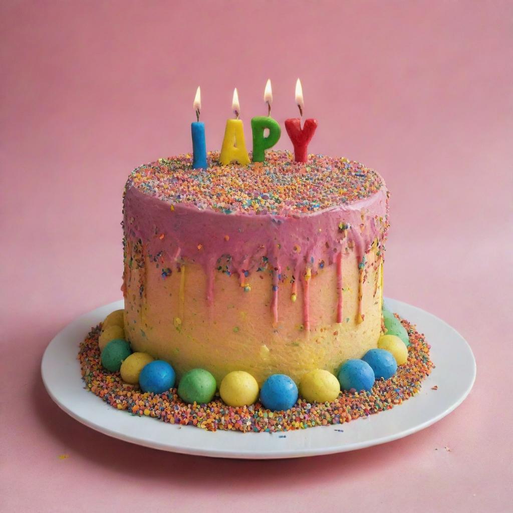 A colourful birthday cake garnished with brightly-coloured sprinkles and icing that reads 'Happy Birthday Ranjan'.