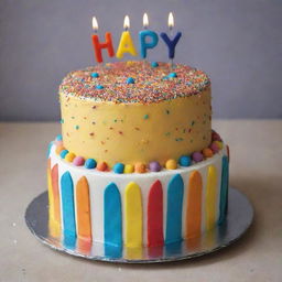 A colourful birthday cake garnished with brightly-coloured sprinkles and icing that reads 'Happy Birthday Ranjan'.