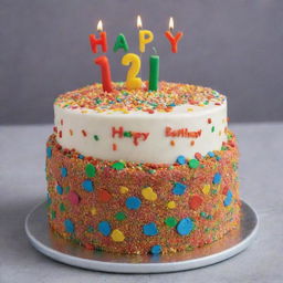 A colourful birthday cake garnished with brightly-coloured sprinkles and icing that reads 'Happy Birthday Ranjan'.