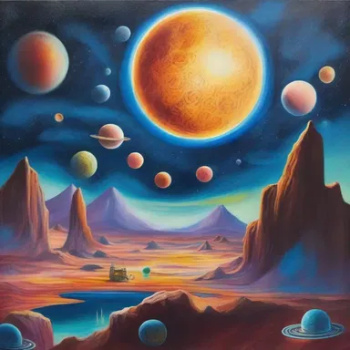 The artist created a mesmerizing painting showcasing an astronautical landscape filled with celestial bodies and spaceships.