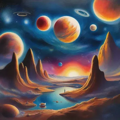 The artist created a mesmerizing painting showcasing an astronautical landscape filled with celestial bodies and spaceships.