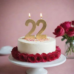 A beautifully decorated birthday cake with the number '20' on top, sitting on a festive table.