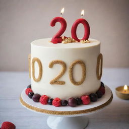 A beautifully decorated birthday cake with the number '20' on top, sitting on a festive table.