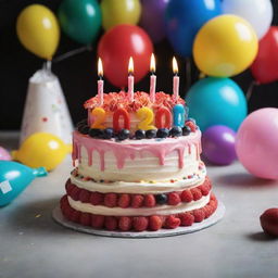 A vibrant birthday cake adorned with 20 candles sitting on a festively decorated table, immersed in the lively atmosphere of a 20th birthday party.