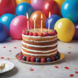 A vibrant birthday cake adorned with 20 candles sitting on a festively decorated table, immersed in the lively atmosphere of a 20th birthday party.