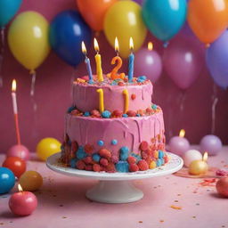 A vibrant birthday cake adorned with 20 candles sitting on a festively decorated table, immersed in the lively atmosphere of a 20th birthday party.