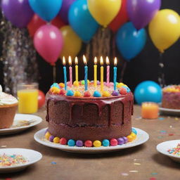 A vibrant birthday cake adorned with 20 candles sitting on a festively decorated table, immersed in the lively atmosphere of a 20th birthday party.