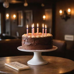 A festive 20th birthday cake adorned with candles, set on a table in the cozy, ambient interior of a pub