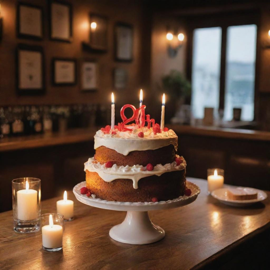 A festive 20th birthday cake adorned with candles, set on a table in the cozy, ambient interior of a pub