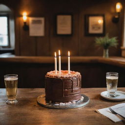 A festive 20th birthday cake adorned with candles, set on a table in the cozy, ambient interior of a pub