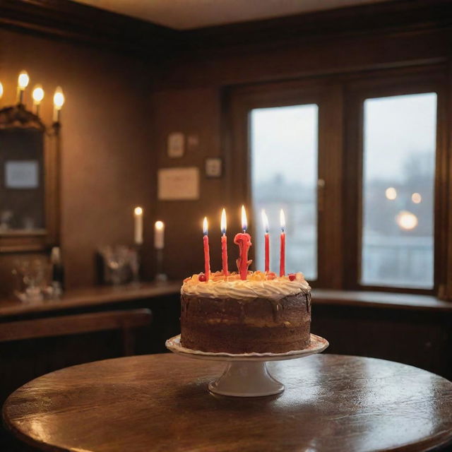 A festive 20th birthday cake adorned with candles, set on a table in the cozy, ambient interior of a pub